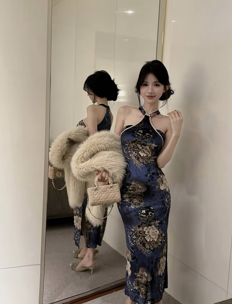 Chinese style temperament sexy dress floral halter long dress