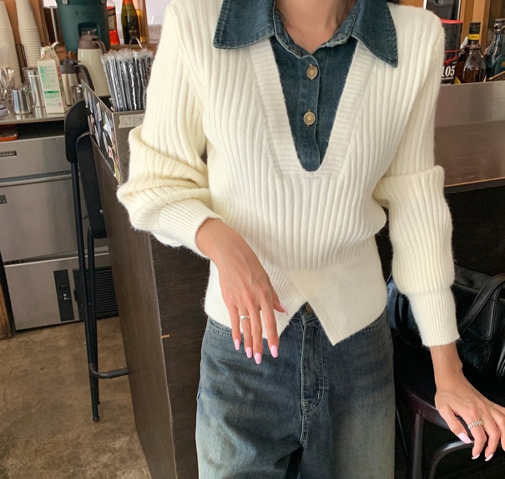 Korean style denim collar Pseudo-two lapel sweater