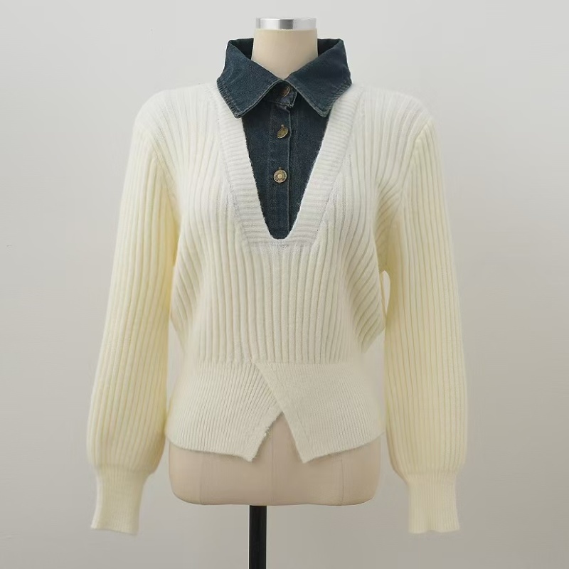 Korean style denim collar Pseudo-two lapel sweater