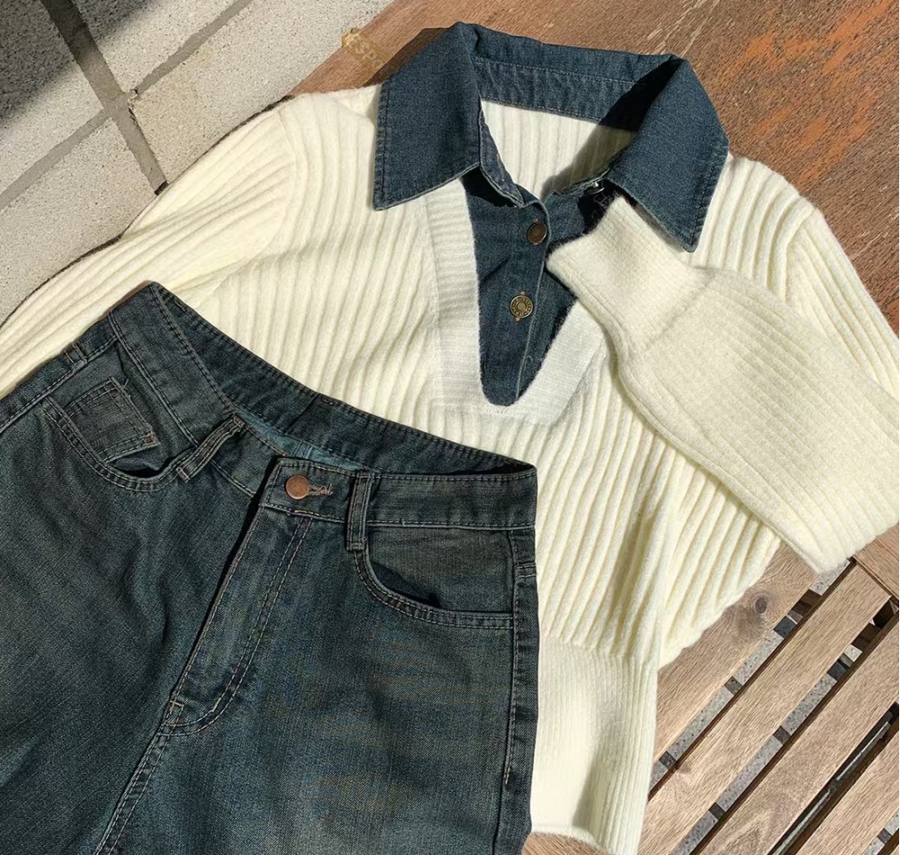 Korean style denim collar Pseudo-two lapel sweater