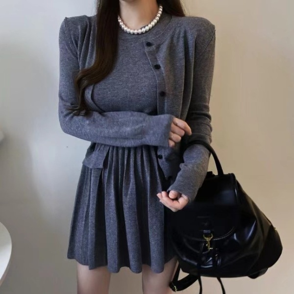 Round neck knitted dress fashion cardigan 2pcs set