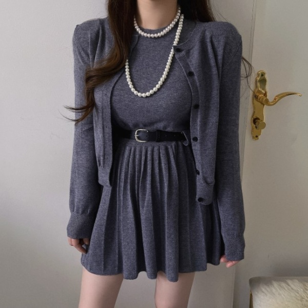 Round neck knitted dress fashion cardigan 2pcs set