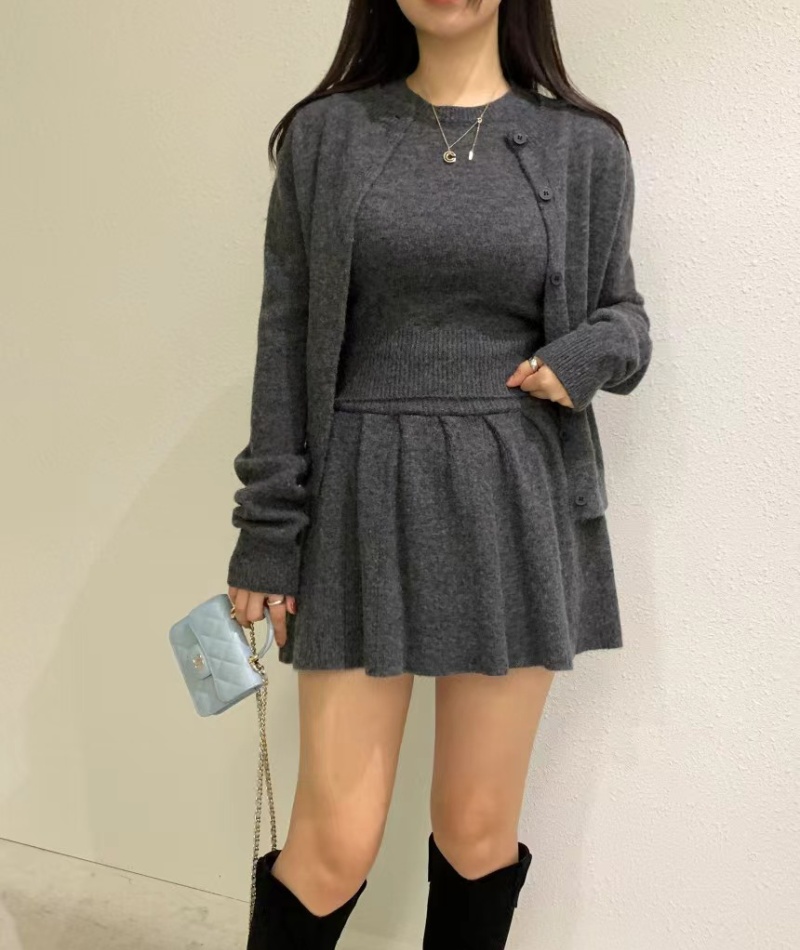 Knitted pleated tops Korean style fashion dress 3pcs set