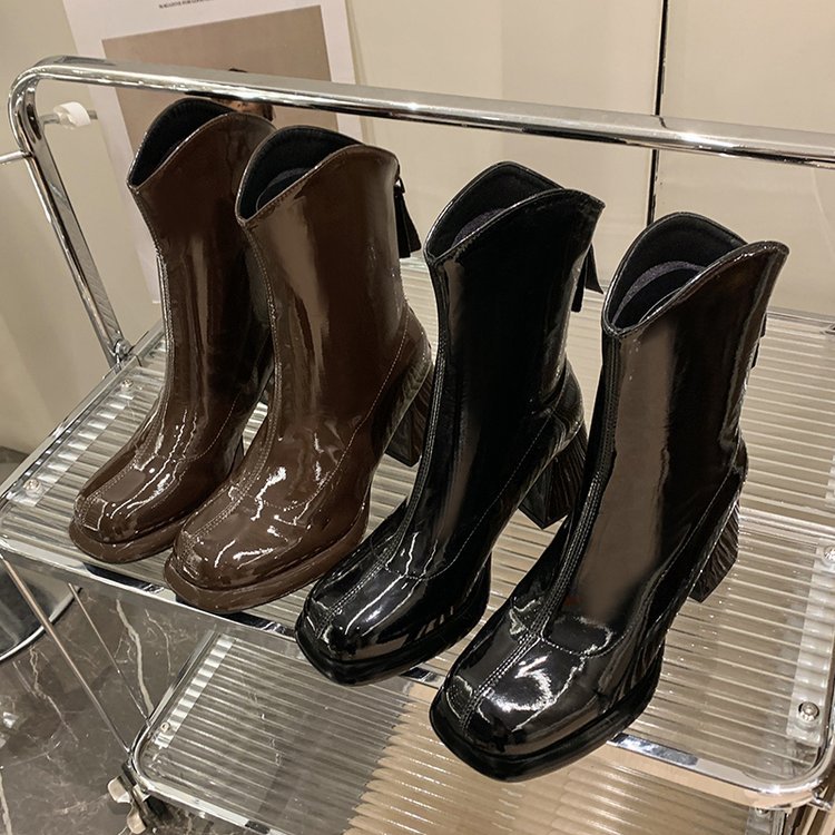 High-heeled square head boots patent leather martin boots