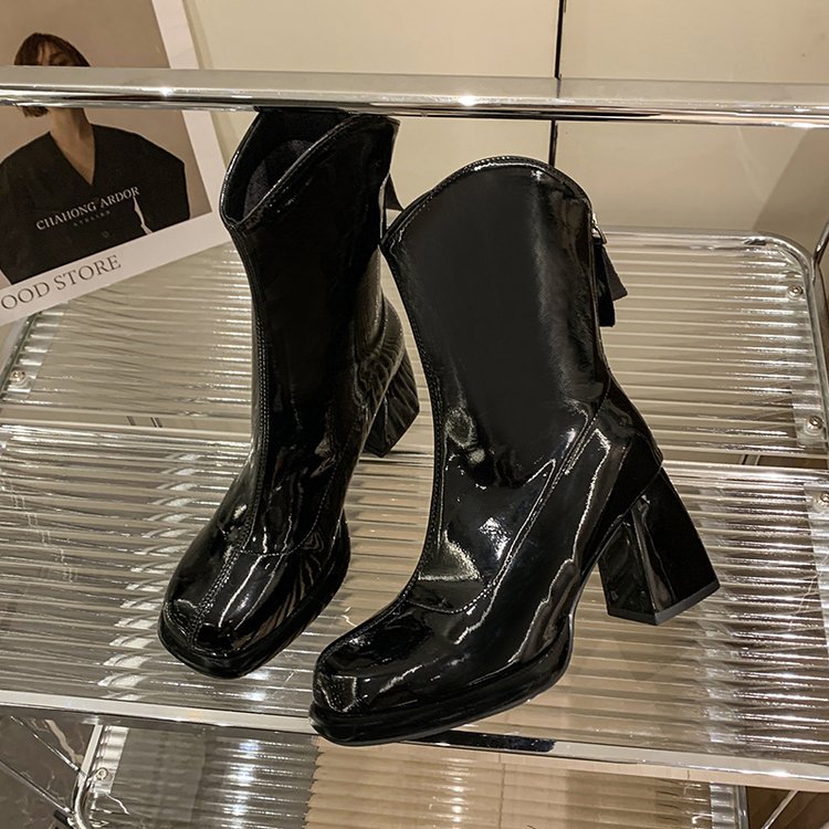 High-heeled square head boots patent leather martin boots