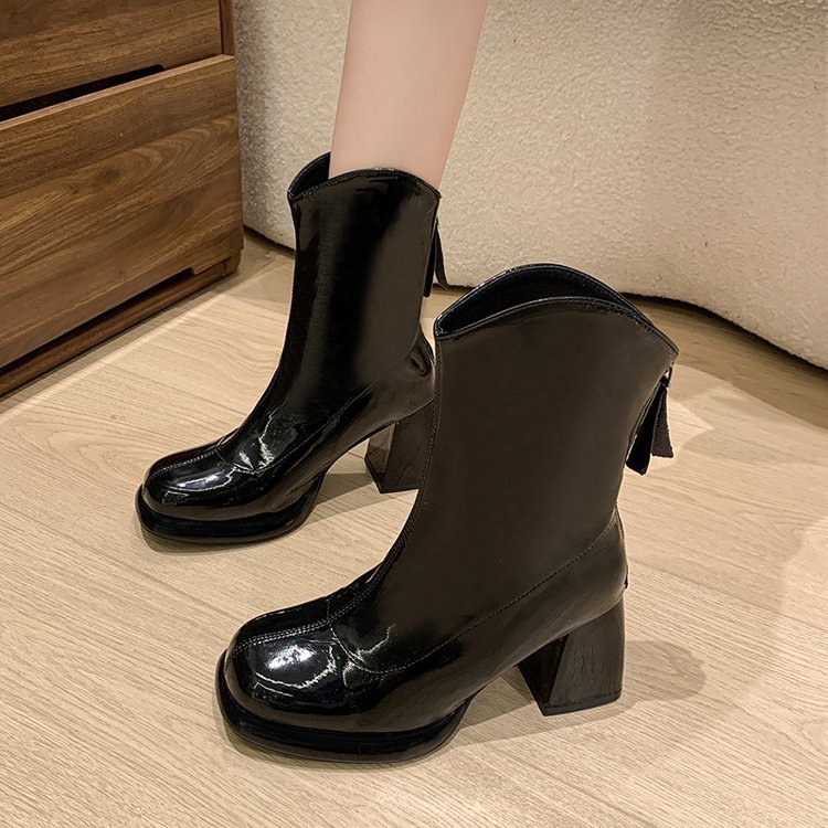 High-heeled square head boots patent leather martin boots