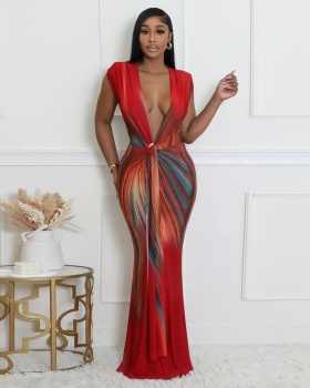 Printing sexy dress pinched waist sleeveless long dress