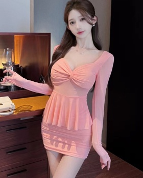 Sexy short gauze long sleeve tight Pseudo-two bottoming dress