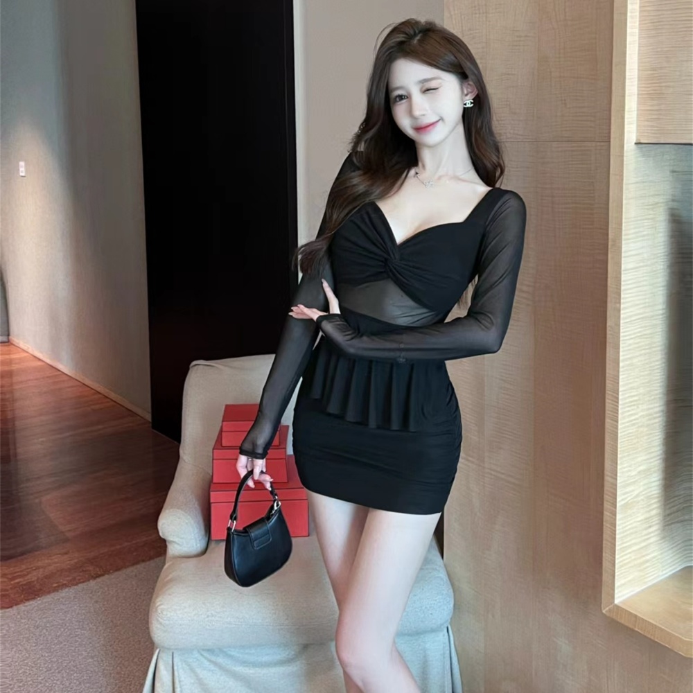 Sexy short gauze long sleeve tight Pseudo-two bottoming dress