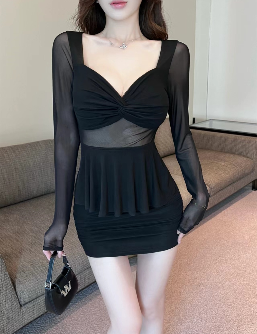 Sexy short gauze long sleeve tight Pseudo-two bottoming dress