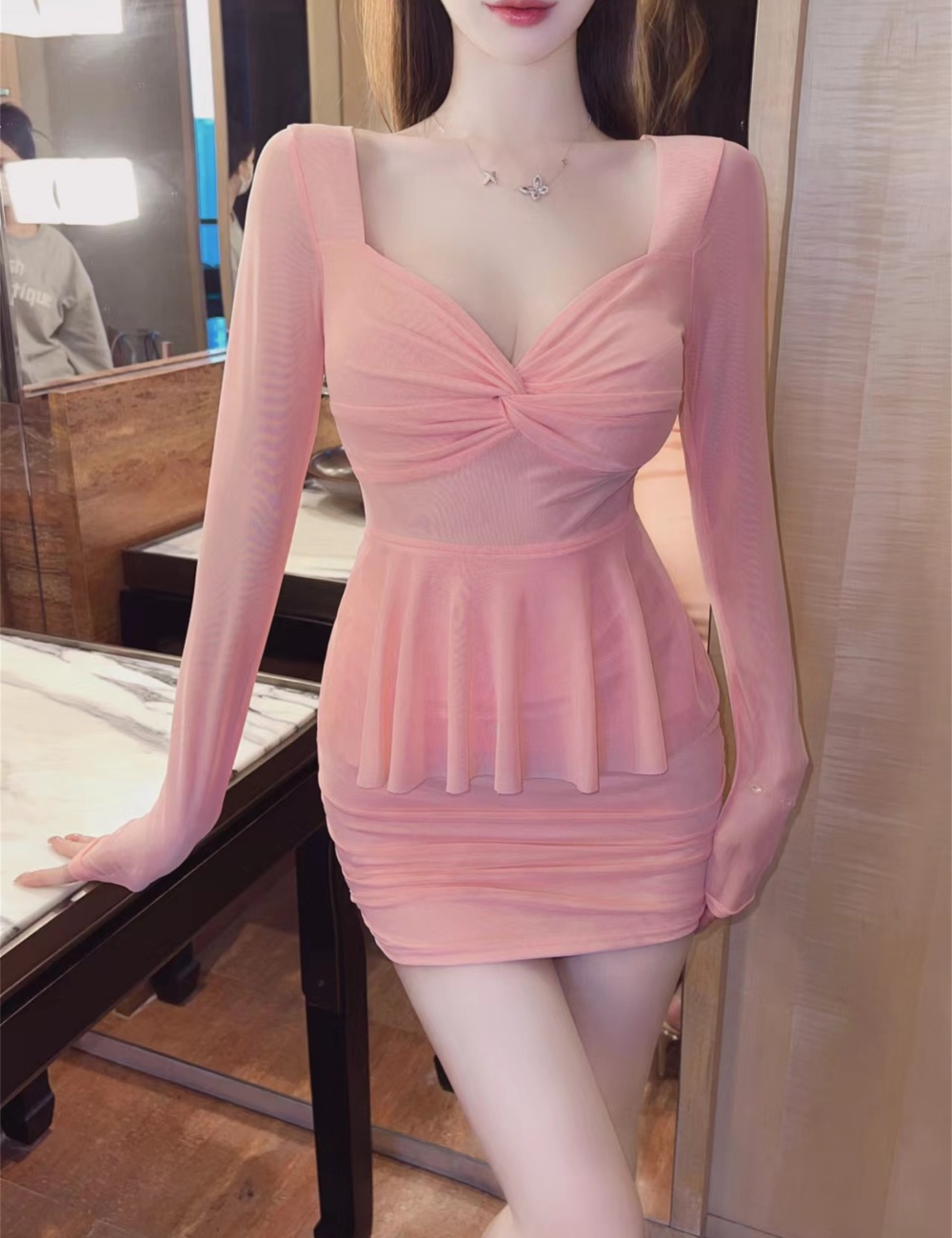 Sexy short gauze long sleeve tight Pseudo-two bottoming dress