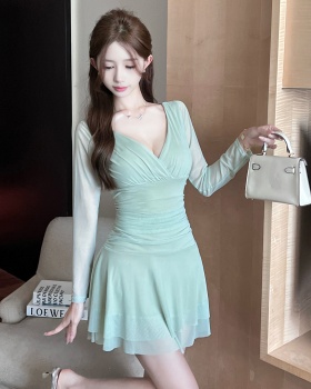 Sexy bottoming gauze long sleeve big skirt dress