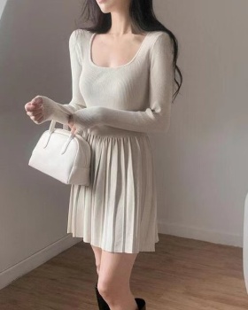 Simple pure square collar France style retro slim dress