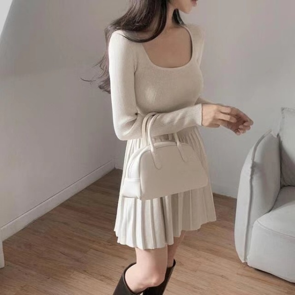 Simple pure square collar France style retro slim dress