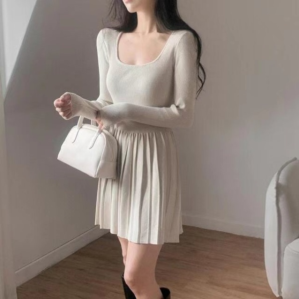 Simple pure square collar France style retro slim dress