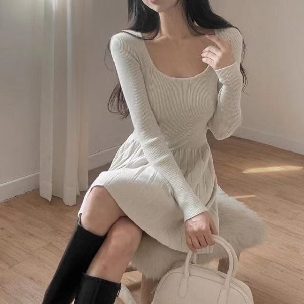 Simple pure square collar France style retro slim dress