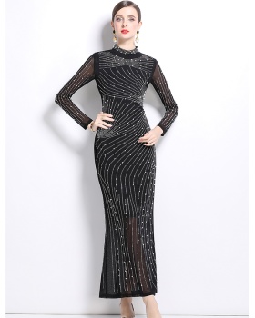 Rhinestone cstand collar dress European style formal dress