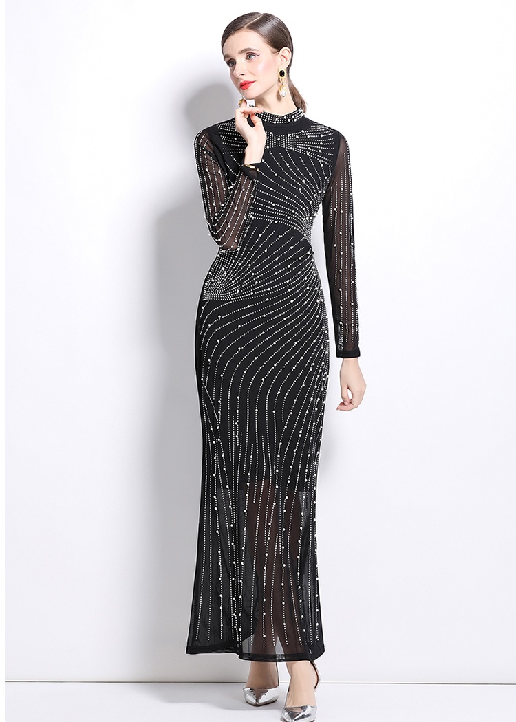 Rhinestone cstand collar dress European style formal dress