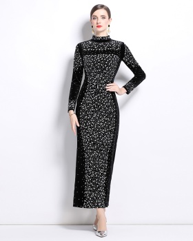 Slim rhinestone formal dress European style velvet dress