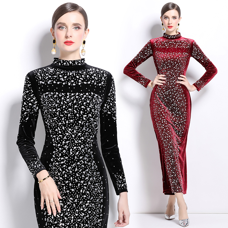 Slim rhinestone formal dress European style velvet dress