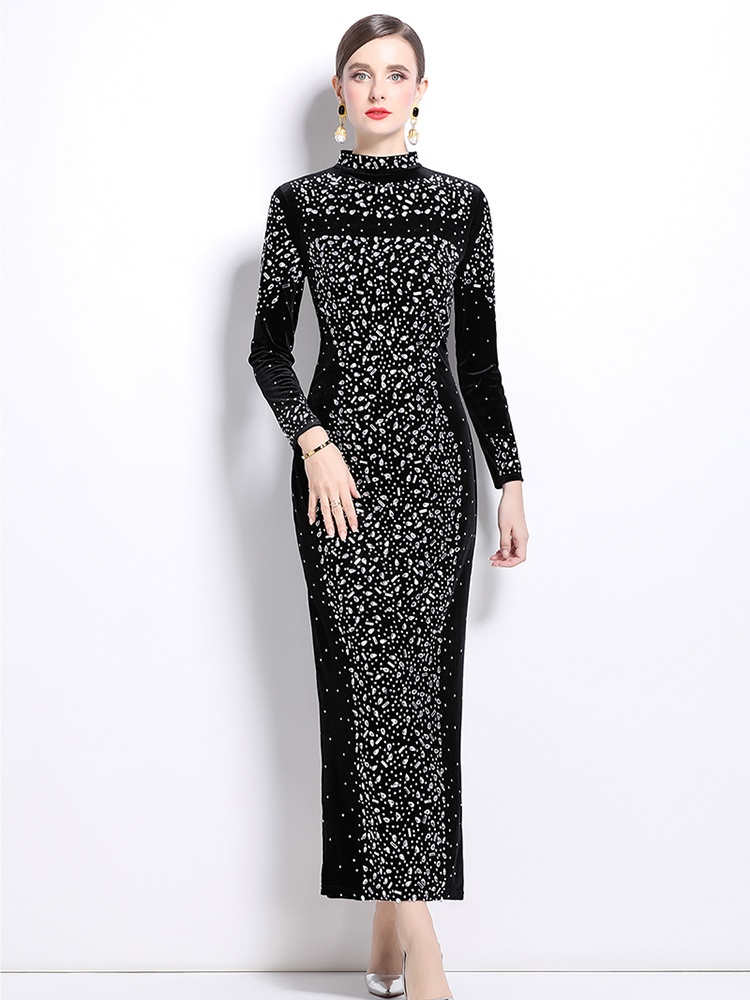 Slim rhinestone formal dress European style velvet dress