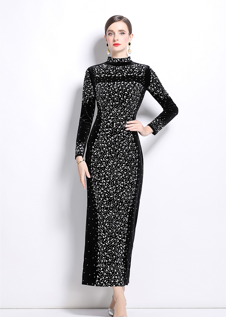 Slim rhinestone formal dress European style velvet dress