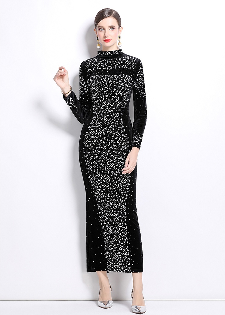 Slim rhinestone formal dress European style velvet dress