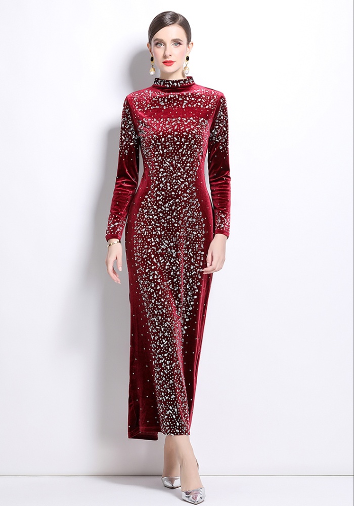 Slim rhinestone formal dress European style velvet dress