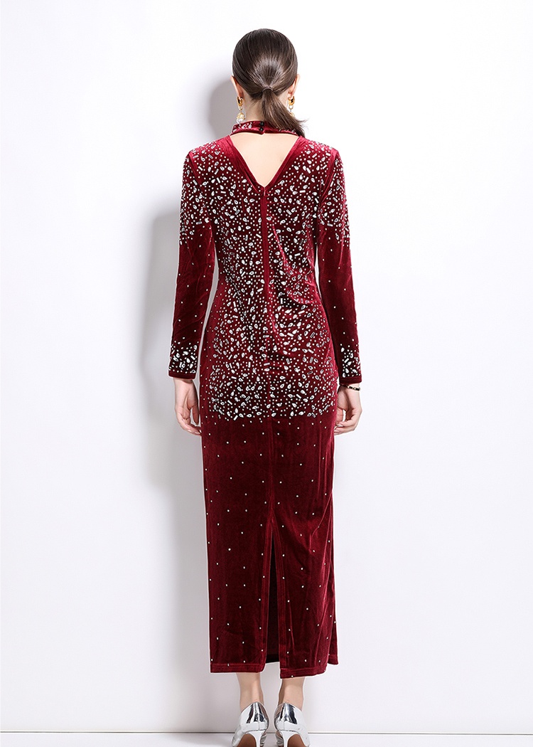 Slim rhinestone formal dress European style velvet dress