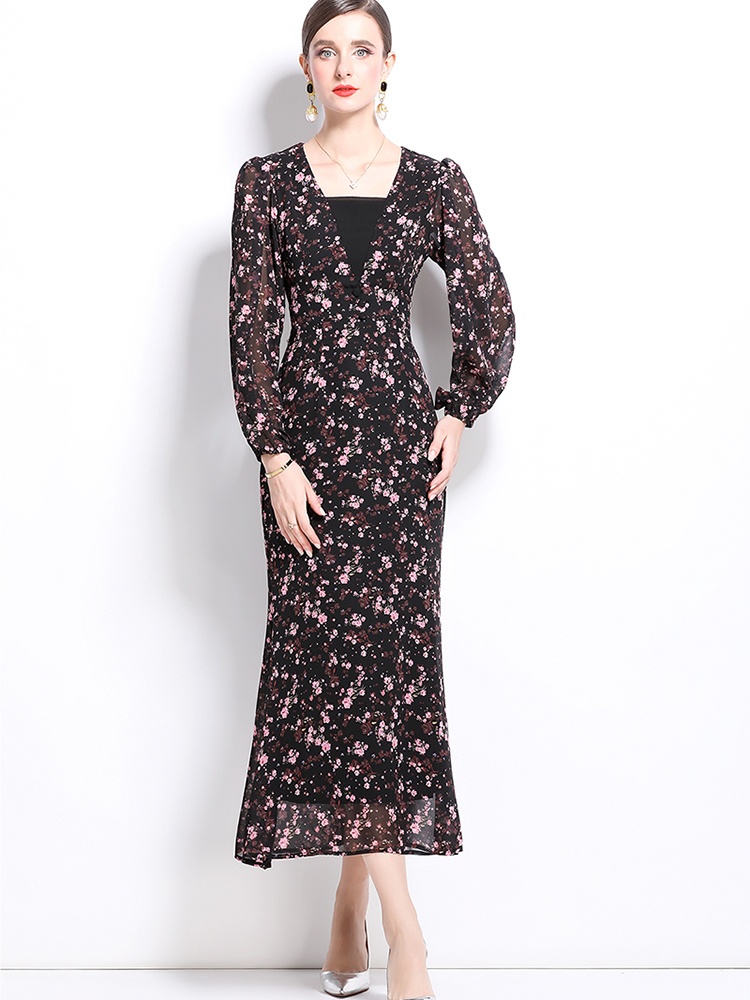 V-neck temperament elegant elastic sleeve long sleeve dress