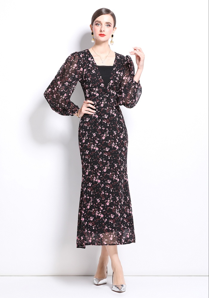 V-neck temperament elegant elastic sleeve long sleeve dress