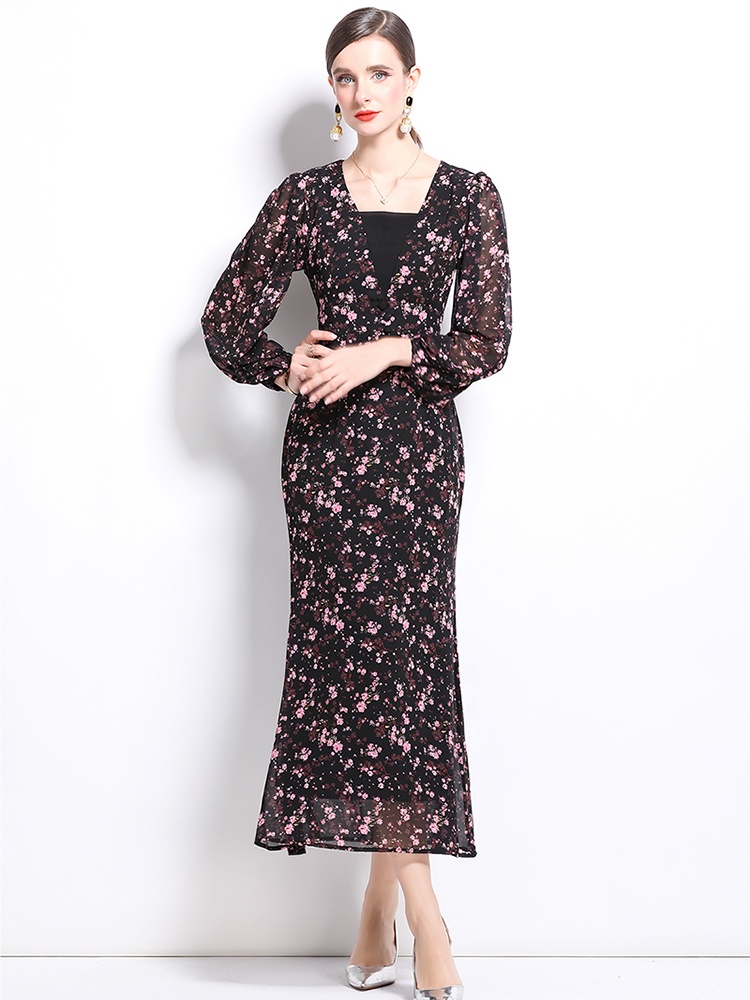 V-neck temperament elegant elastic sleeve long sleeve dress