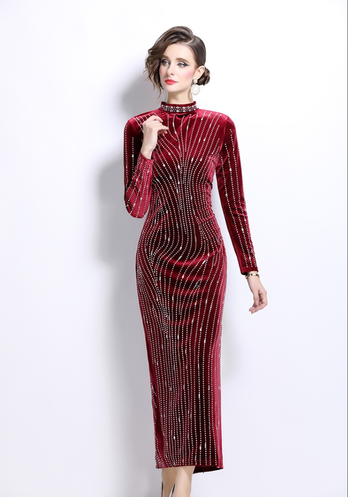 Velvet slim formal dress rhinestone dress