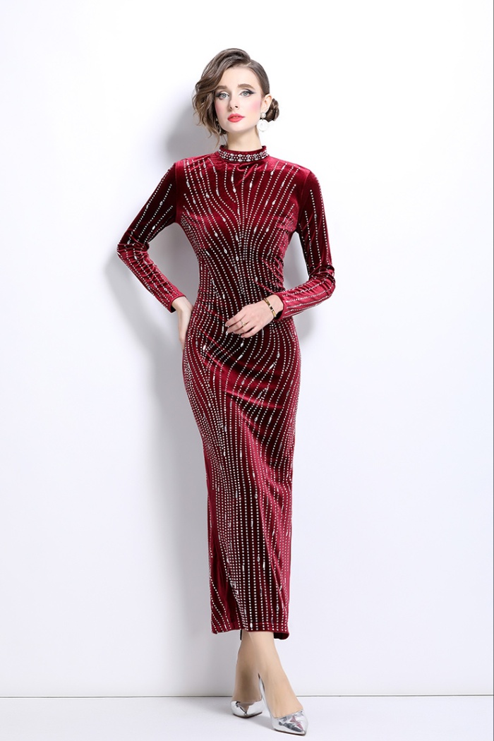 Velvet slim formal dress rhinestone dress