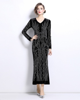 Package hip long sleeve formal dress rhinestone velvet dress