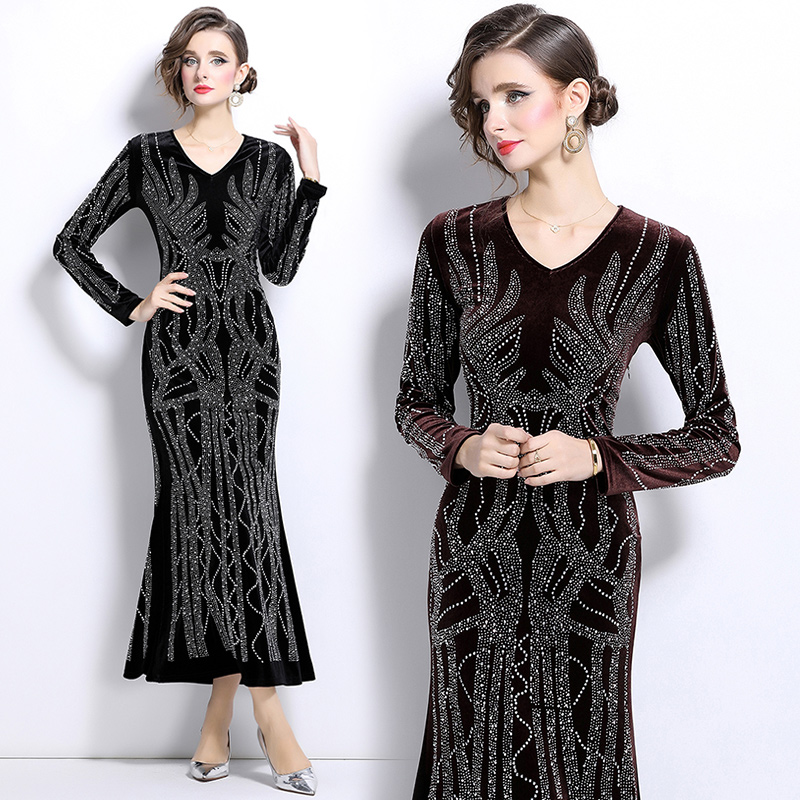 Package hip long sleeve formal dress rhinestone velvet dress