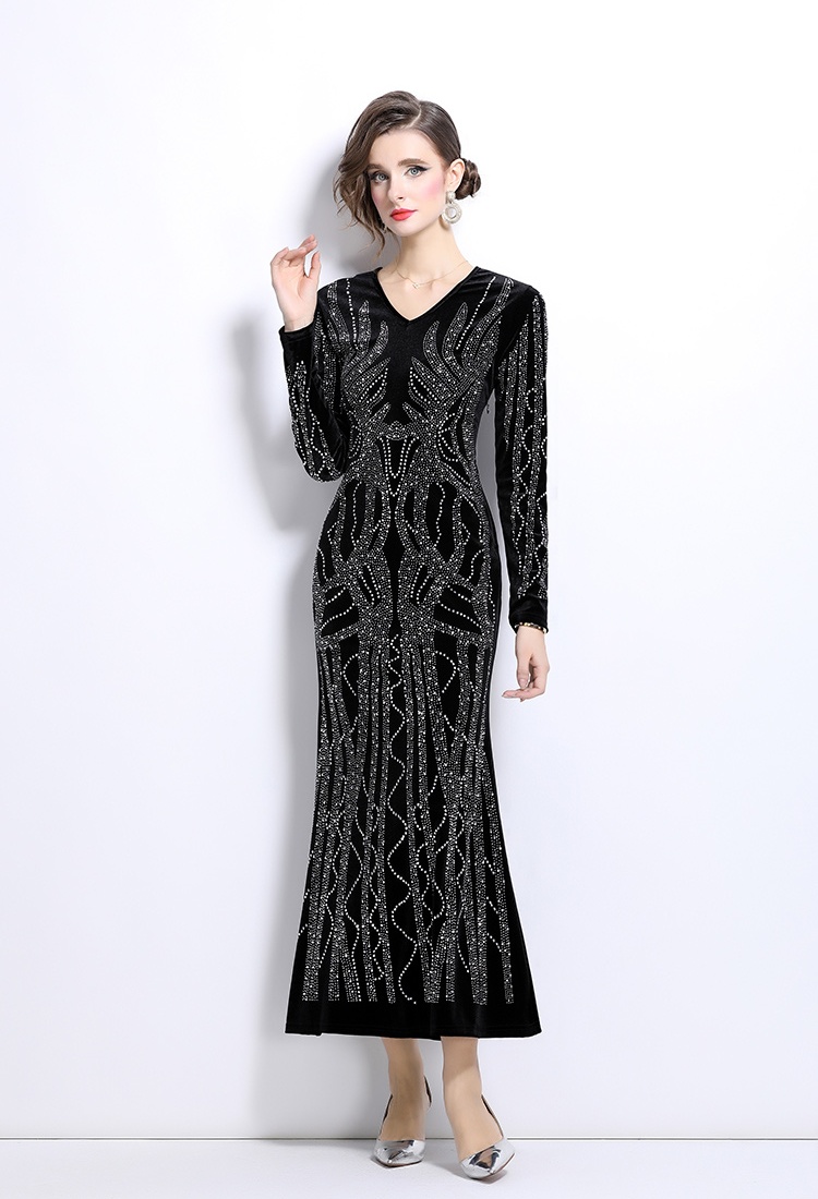 Package hip long sleeve formal dress rhinestone velvet dress