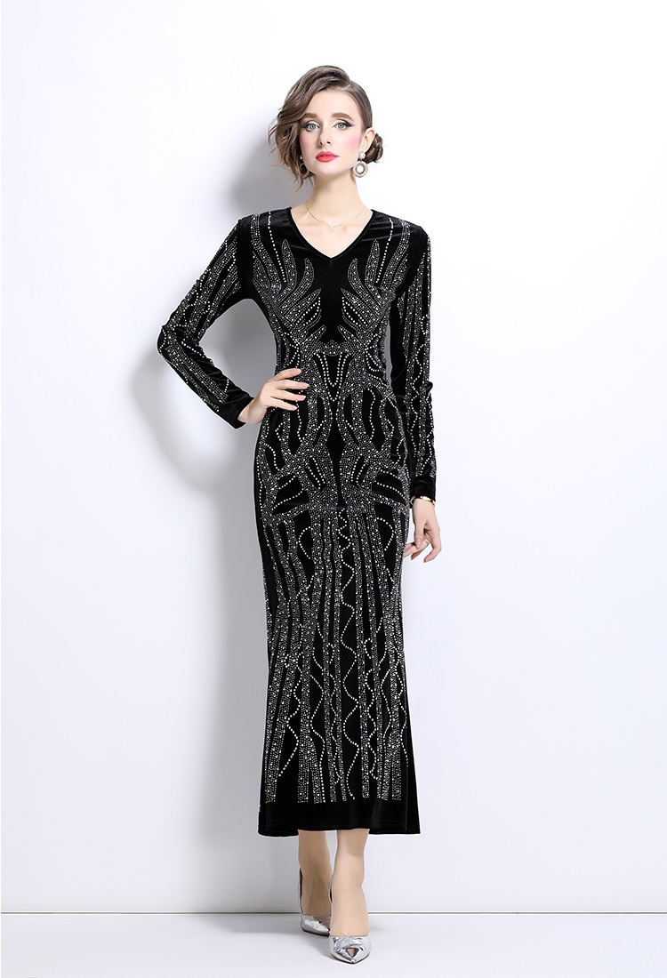 Package hip long sleeve formal dress rhinestone velvet dress