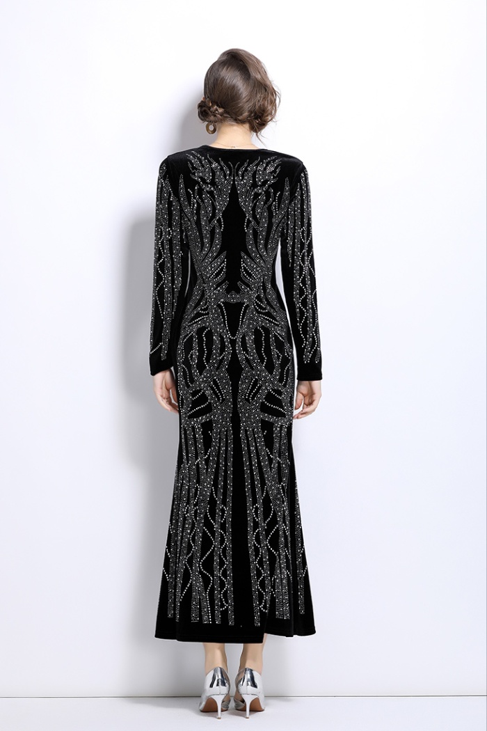 Package hip long sleeve formal dress rhinestone velvet dress