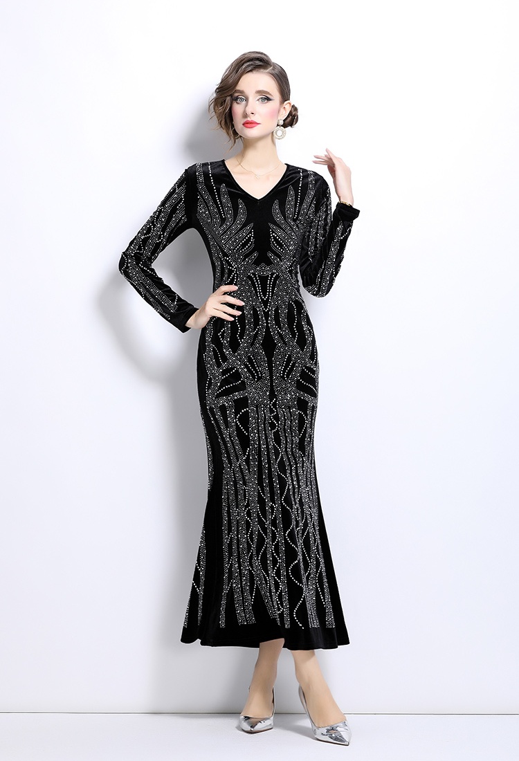 Package hip long sleeve formal dress rhinestone velvet dress