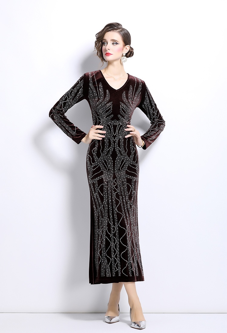 Package hip long sleeve formal dress rhinestone velvet dress