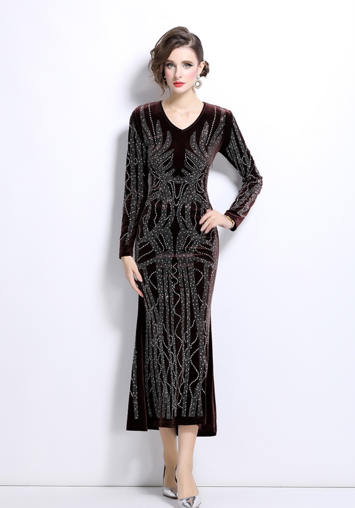 Package hip long sleeve formal dress rhinestone velvet dress