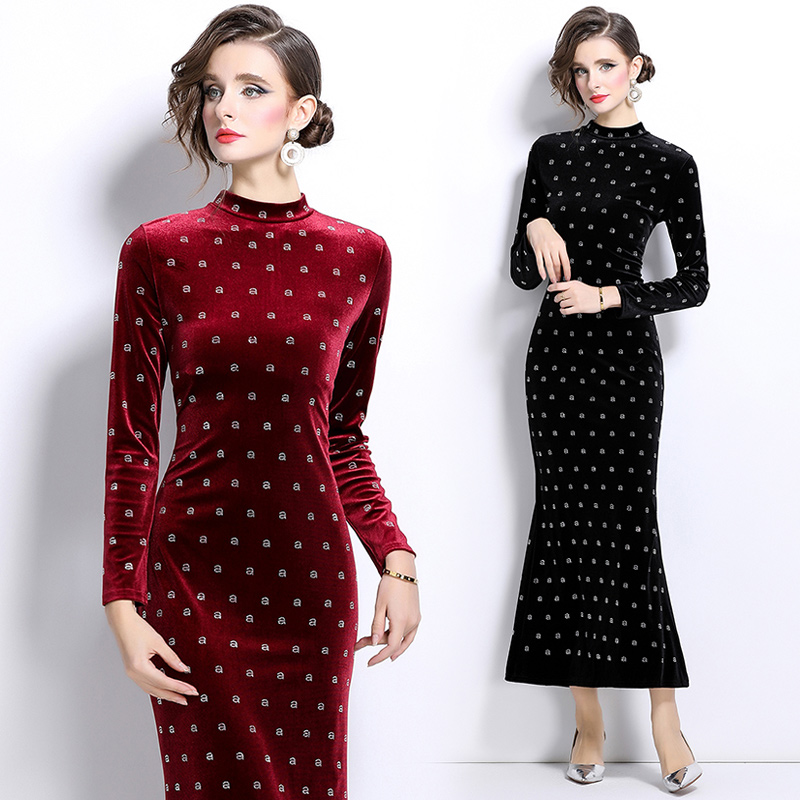 European style rhinestone formal dress velvet dress