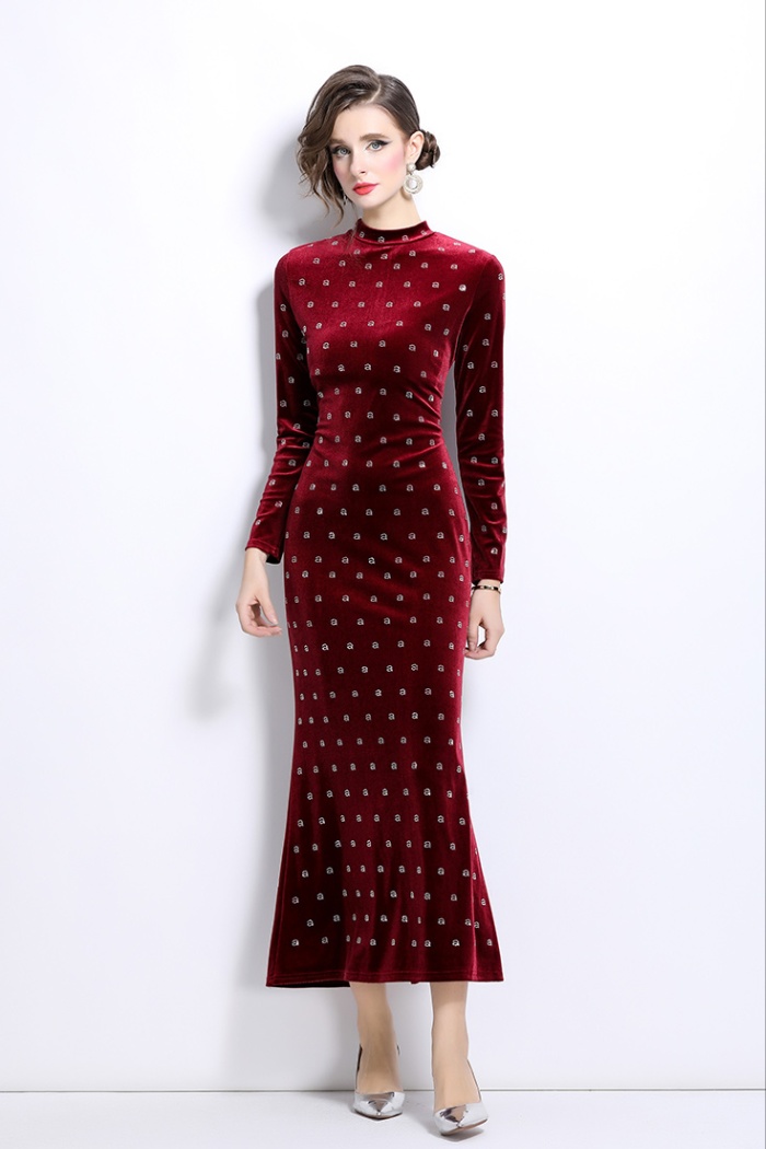 European style rhinestone formal dress velvet dress