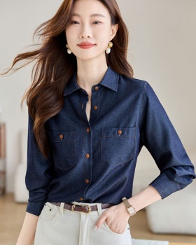 Autumn temperament tops navy-blue retro shirt for women