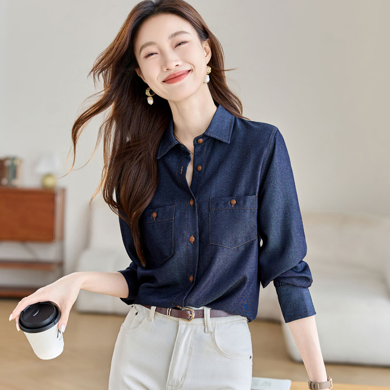 Autumn temperament tops navy-blue retro shirt for women