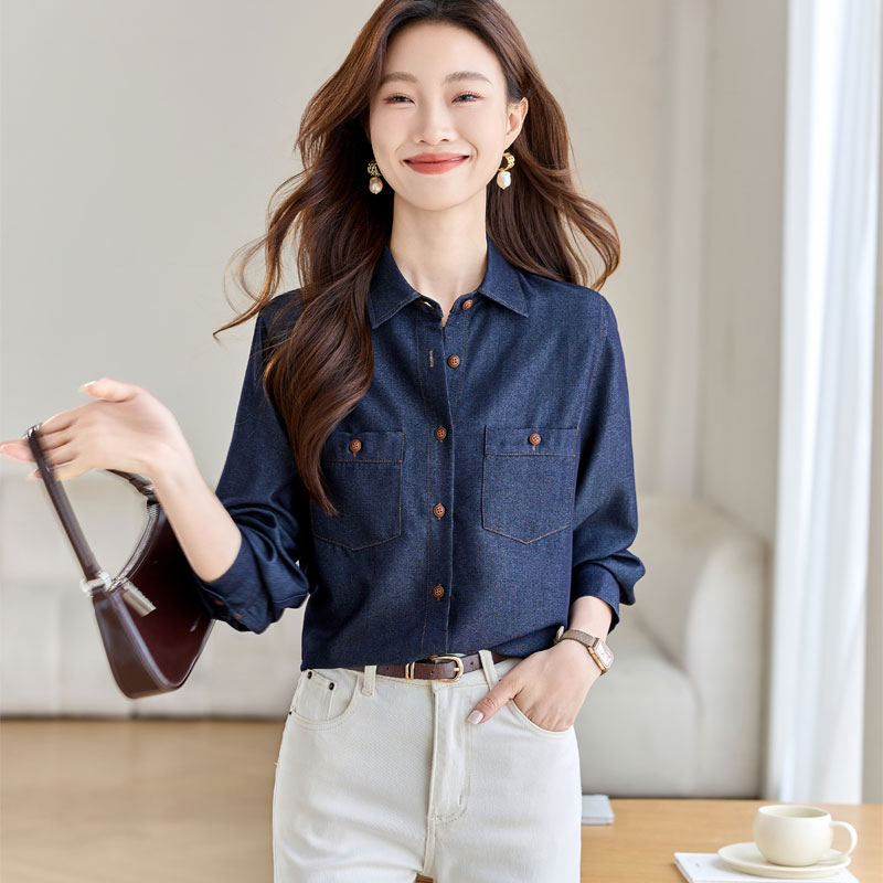 Autumn temperament tops navy-blue retro shirt for women