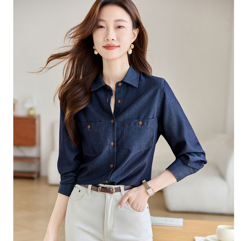 Autumn temperament tops navy-blue retro shirt for women