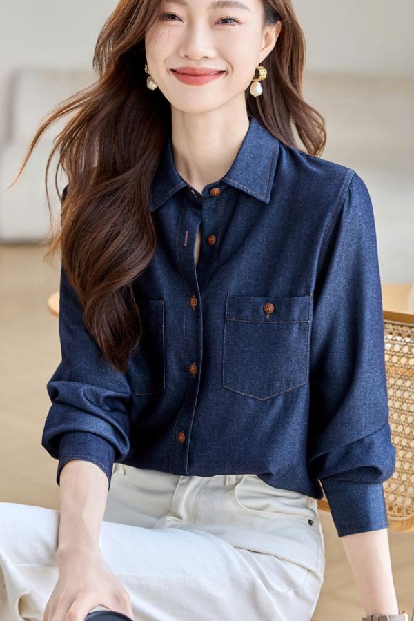 Autumn temperament tops navy-blue retro shirt for women