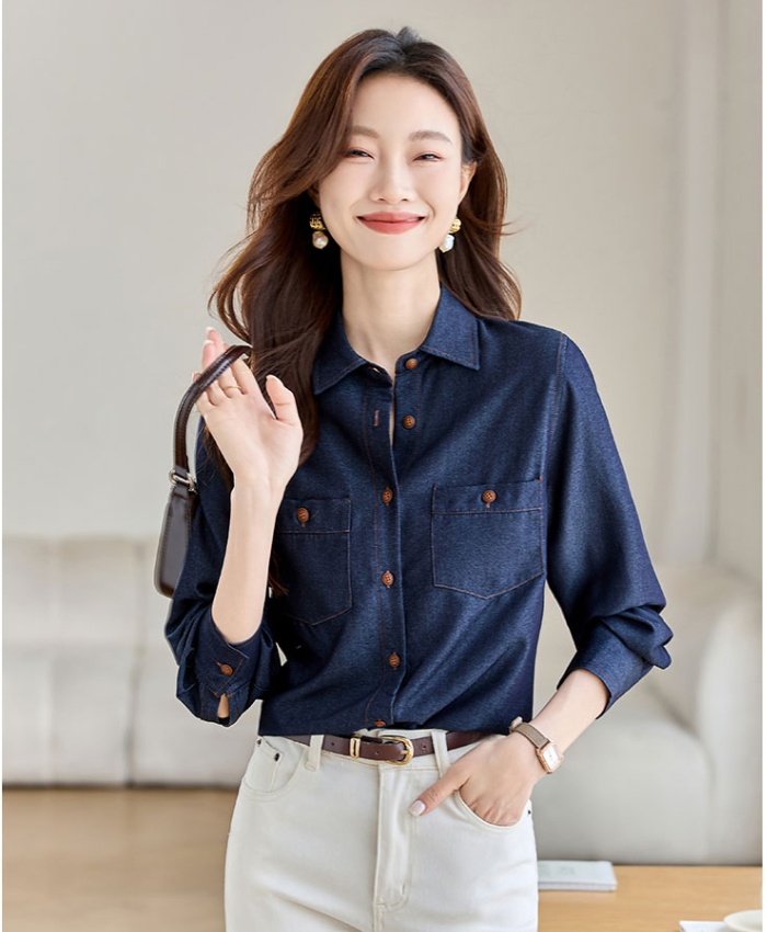 Autumn temperament tops navy-blue retro shirt for women